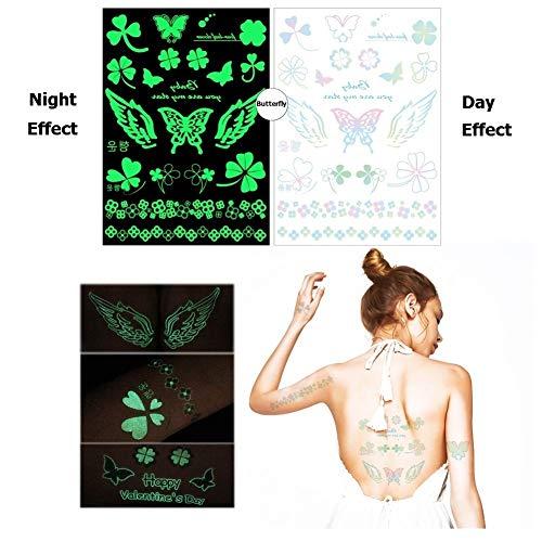 Fanoshon Fanoshon Glow in the Dark Butterfly Moon Star Temporary Tattoo for Teens Girls Women, 5 Sheets Fake Large Luminous Body Stickers for Face Arm Back Chest Leg Shoulder Waterproof, Birthday Party Favors