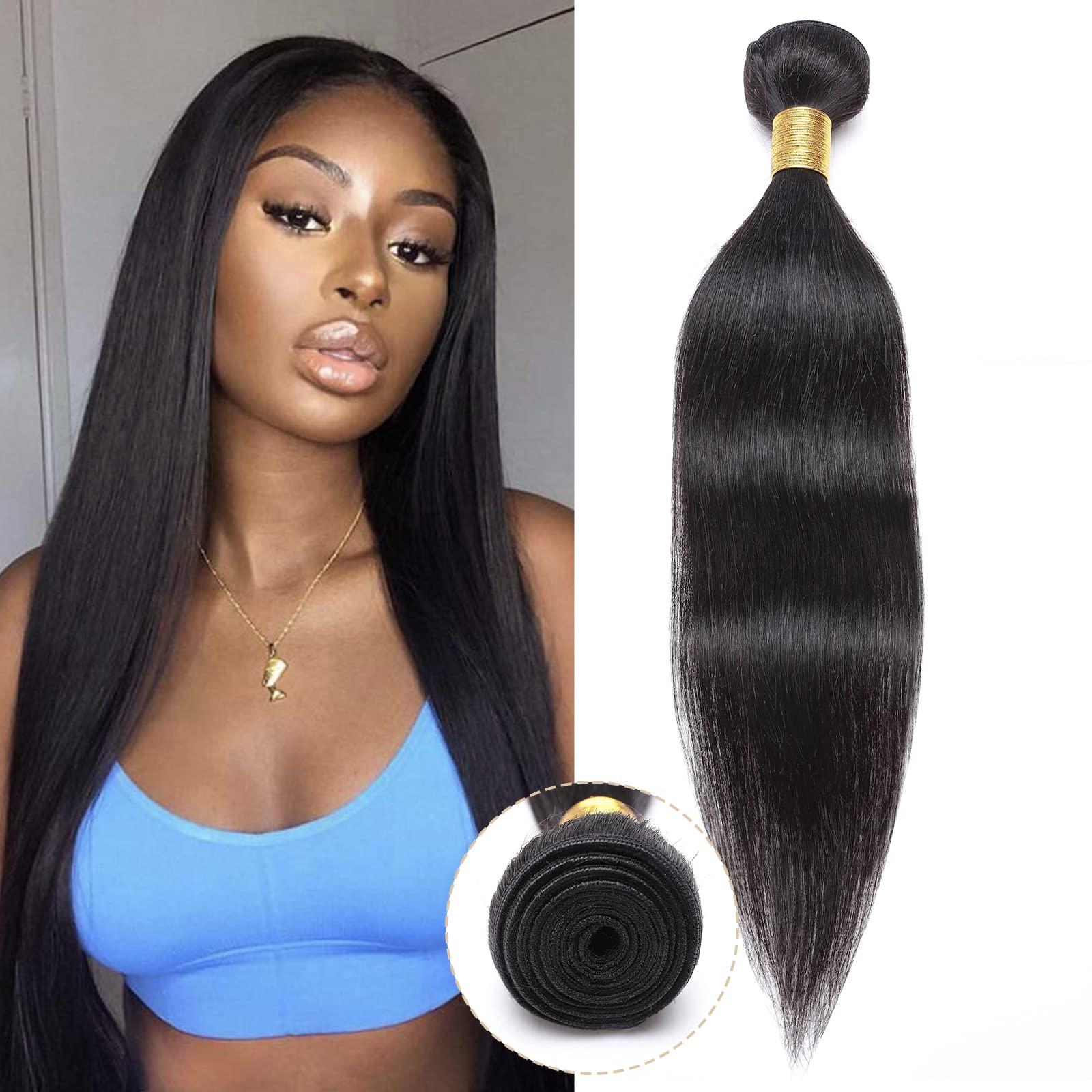 Hairro Hairro Unprocessed Human Hair Weft One Bundle 10 Inch Straight Sew in Virgin Hair Weave Extensions 100g Single Bundle Brazilian Hair for Black Women #1B Natural Black