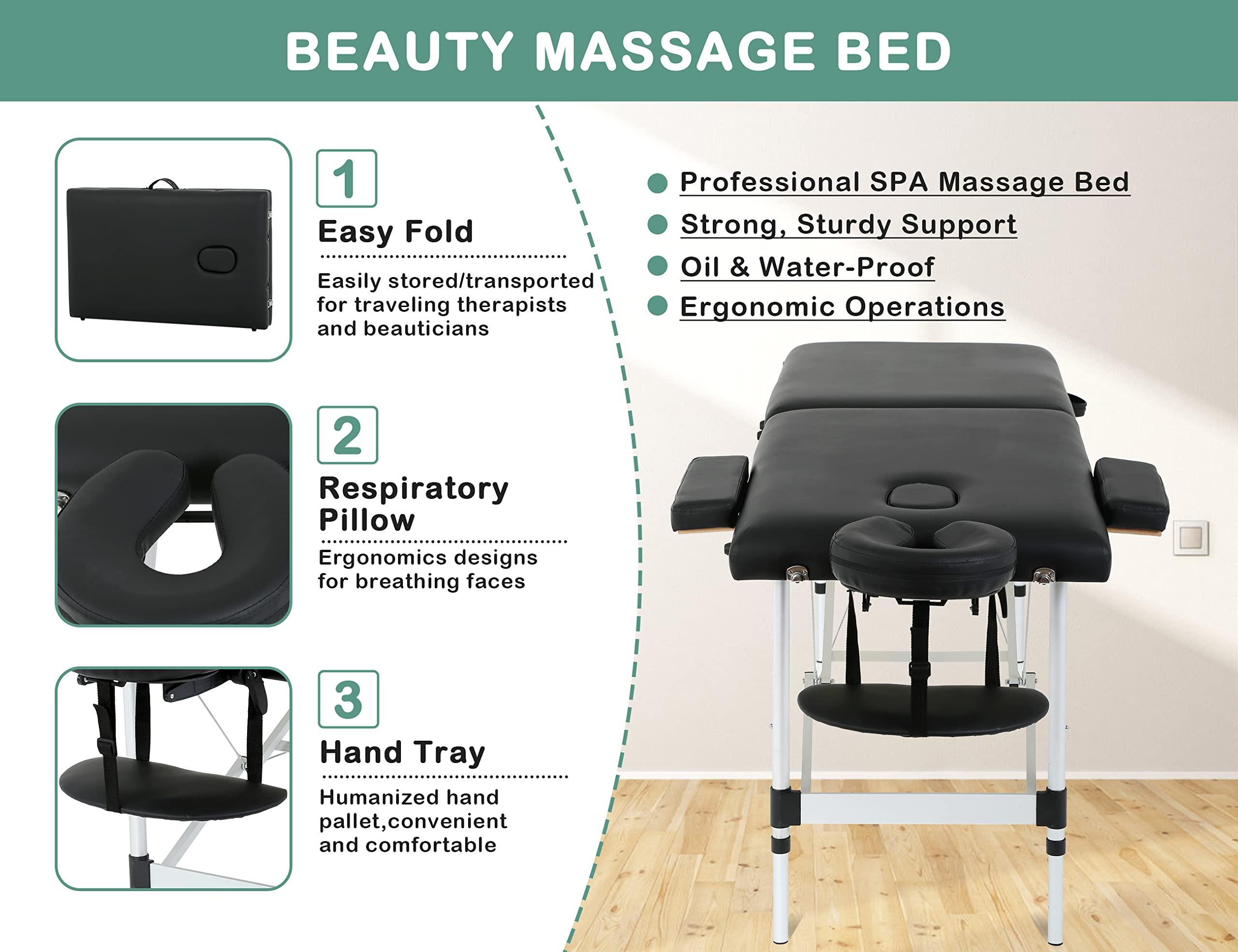 MKDLUFEI Massage Table, 2 Fold Lash Bed, Massage Bed Portable for Eyelash Extensions, Wide Massage Table with Carrying Bag, Massage Tables with Face Cradle & Handle, Portable Chiropractic Table - Black