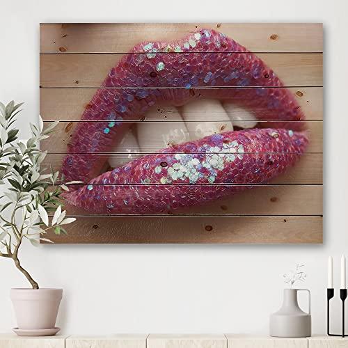 DesignQ DesignQ Woman Female Lips Pink Lipstick And Sequins Modern & Contemporary Wood Wall Decor, Pink Wood Wall Art, Large People Wood Wall Panels Printed On Natural Pine Wood Art