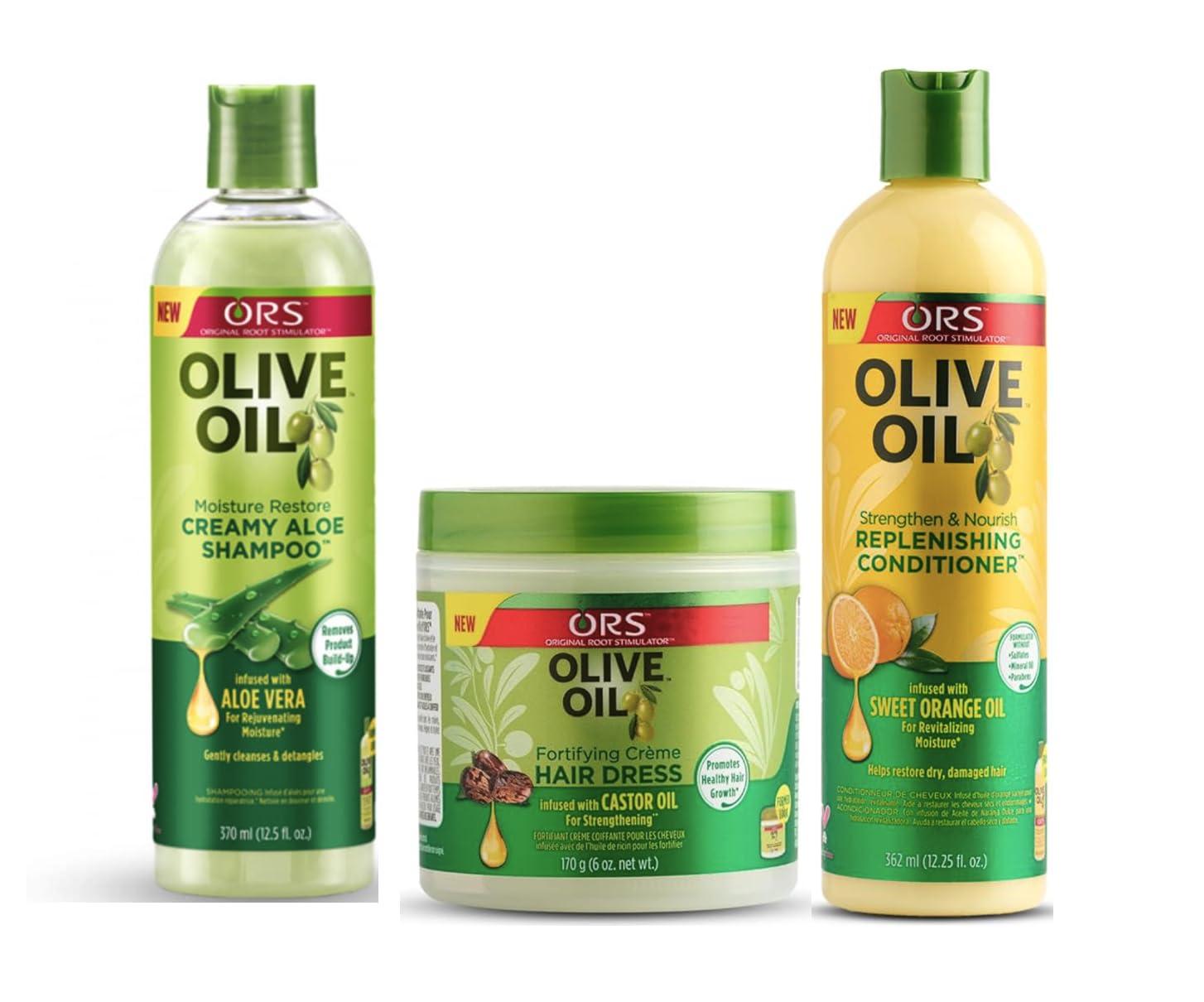 ORS ORS Olive Oil Moisture Restore Creamy Aloe Shampoo, Fortifying Cream Hair Dress, Strengthen & Nourish Replenishing Conditioner - Bundle
