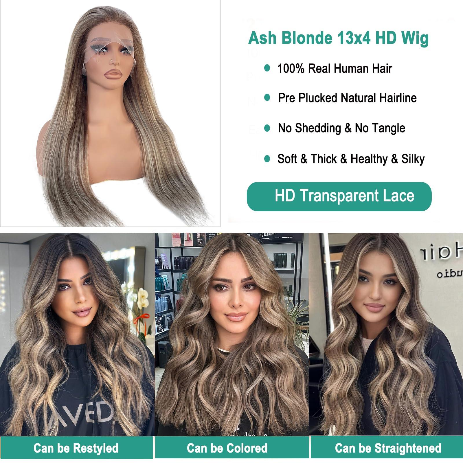 Munx Highlight Straight Lace Front Wigs Human Hair, Pre Plucked Ombre Brown 13x4 HD Transparent Lace Front Wigs Balayage Chestnut Brown Mixed Blonde 180% Density Full Frontal Wigs Long 32in
