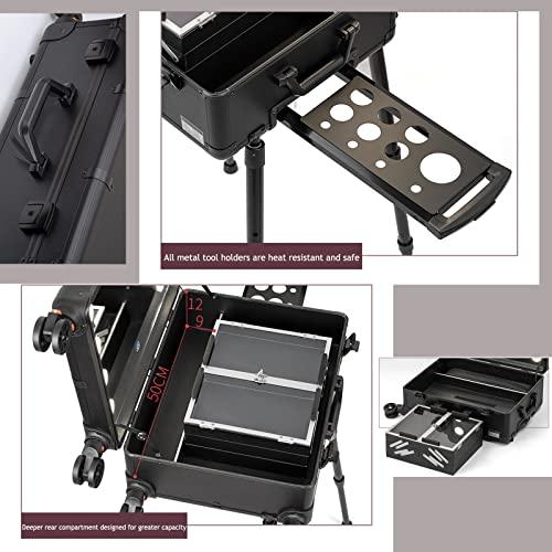HJXGQJM Rolling Makeup Case Professional Makeup Train Case Makeup Artist Travel Organizer, Make-up Case With LED Light, 3-colour Light Source,Cosmetic Case With Stand, Black Aluminium Make Up Case cosmetic ca