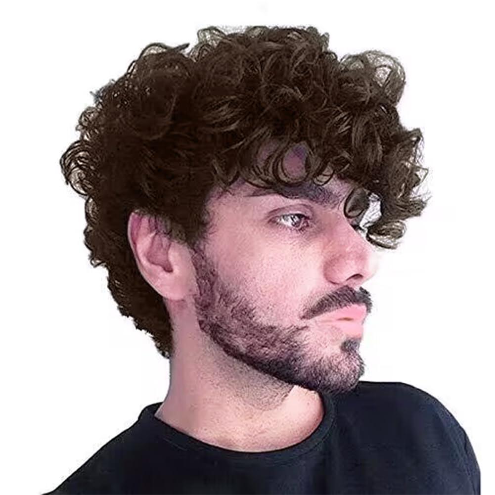 Tseses Tseses Curly Brown Short Wigs for Men Layered Fluffy Synthetic Fiber Wigs for Daily Party Mens Costume Wig