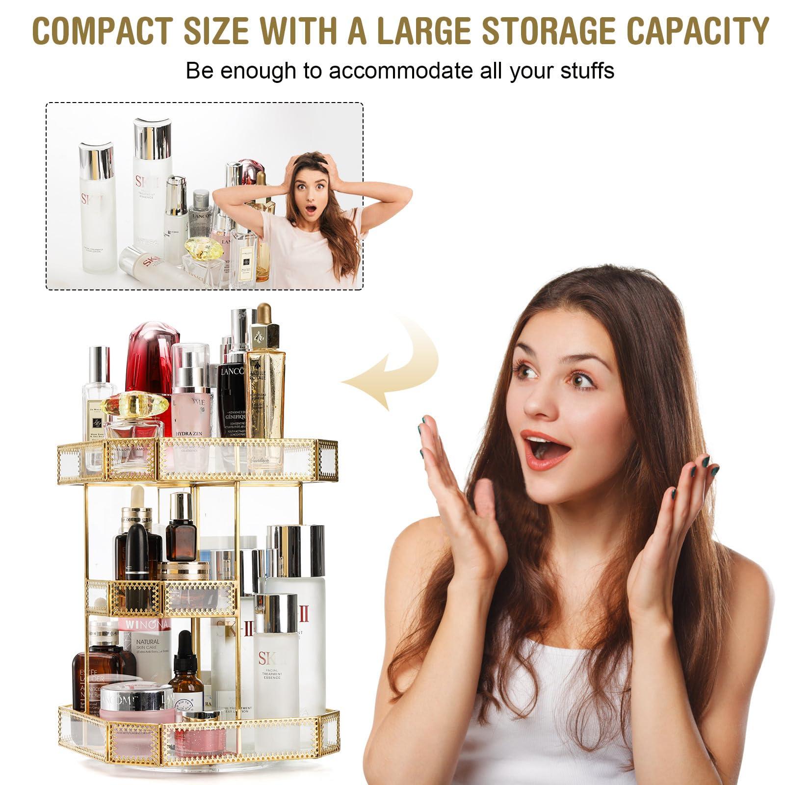 ZOOFOX ZOOFOX 360 Degree Rotating Glass Makeup Organizer, Large Cosmetics Storage Display Holder with Gold Trim for Vanity, Clear Makeup Carousel for Perfume, Cosmetics, Brushes, Lotion, Lipsticks