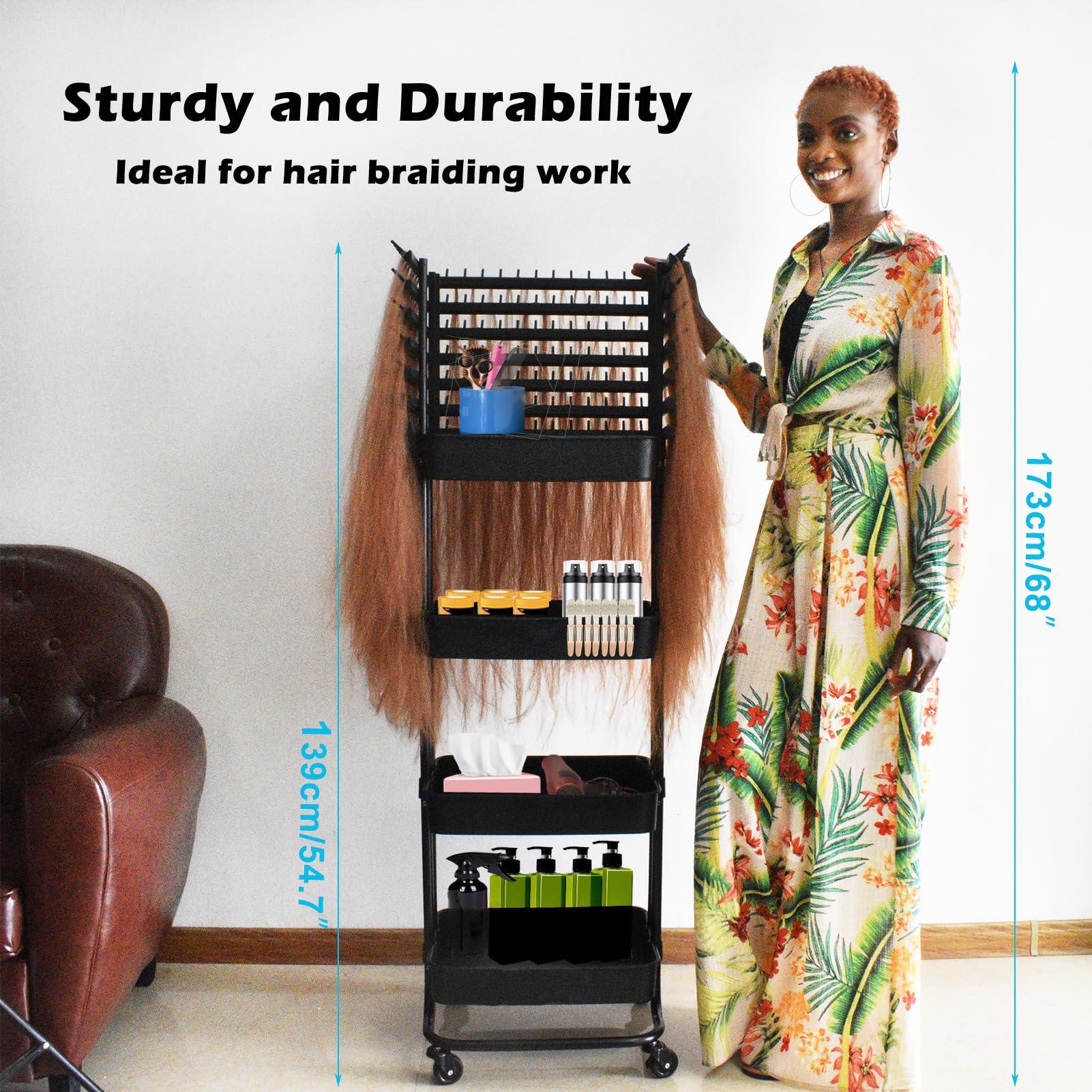 ICCTUO Braiding Hair Rack with 196 Pegs, Hair Extension Holder with 4 Tiers Storage Cart, Classical Black Braiding Rack Stand for Hair Braider, Sturdy Hair Rack for Salon, Home, Braiding School