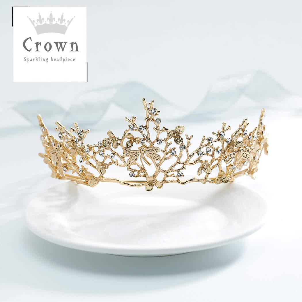 Fairyu Fairyu Baroque Vintage Gold Bride Crown and Tiara Crystal Bridal Wedding Tiaras Dragonfly Hair Accessories for Women and Girls