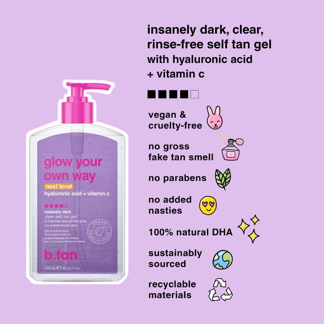 B.TAN b.tan Insanely Dark Clear Self Tanning Gel with Mitt Kit | Glow Your Own Way Next Level Bundle - Quick Express Tanner for Face and Body with Applicator, Transfer-Proof, No Fake Tan Smell, 16 Fl Oz