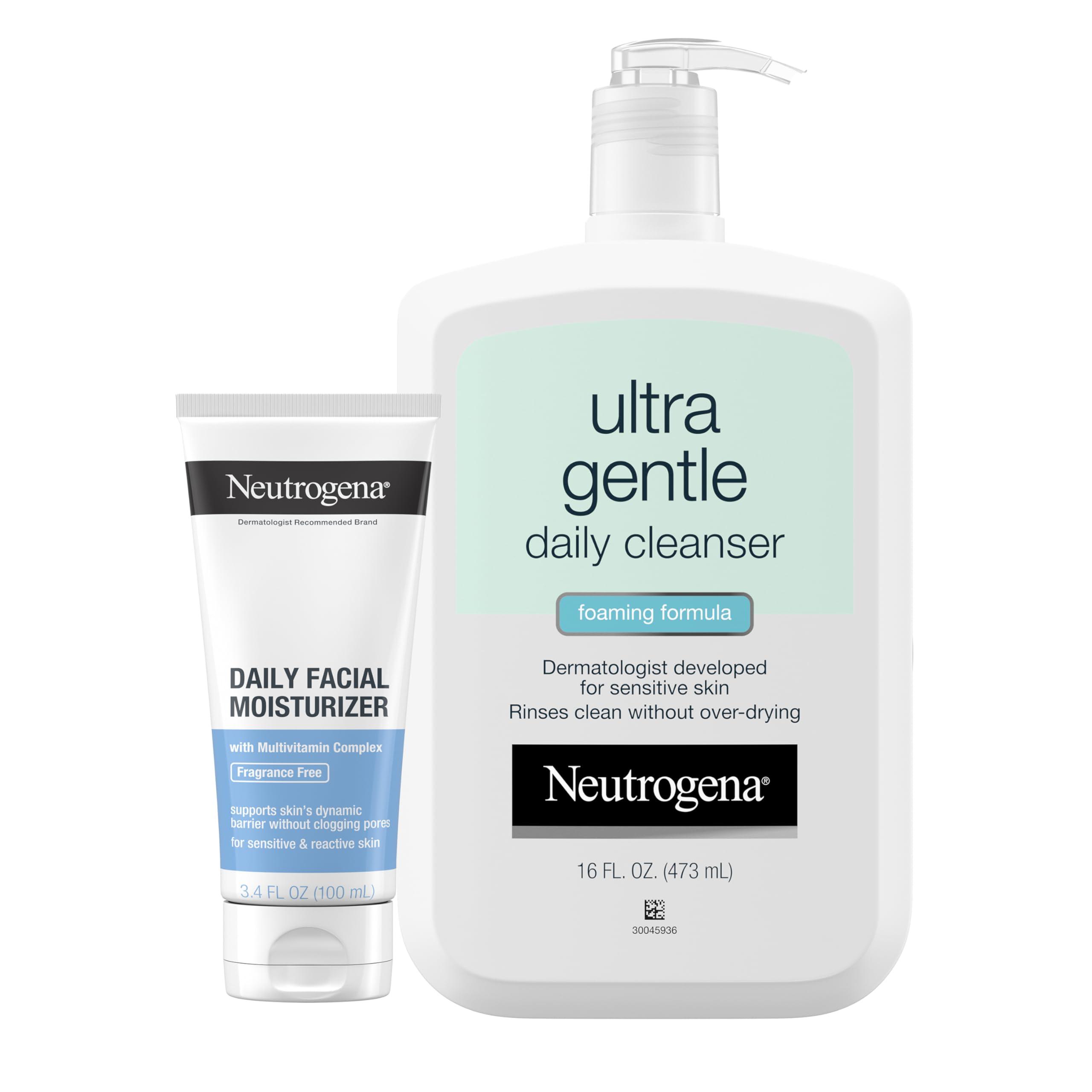 Neutrogena Neutrogena Ultra Gentle Daily Foaming Facial Cleanser, 16 fl. oz, Daily Facial Moisturizer, 3.4 fl. oz, Non-Comedogenic Skincare for Sensitive Skin, 2 Items