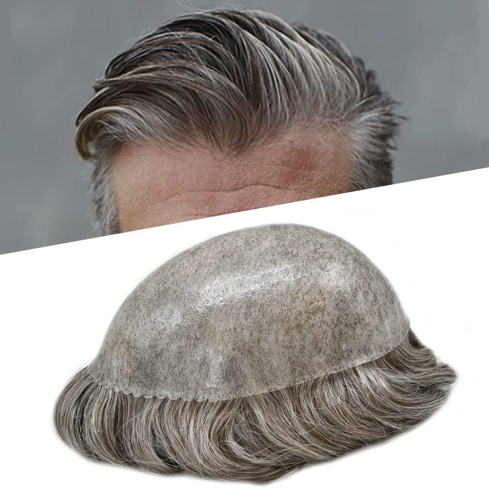 Hair Wonders Hair Wonders Toupee For Mens Hair Piece Real Human Hair Full Poly Skin Mens Toupee Hair System For Men Hairpiece For Men PU Protesis Capilar 6x8Medium light density#360 3# DARK BROWN+60% GREY