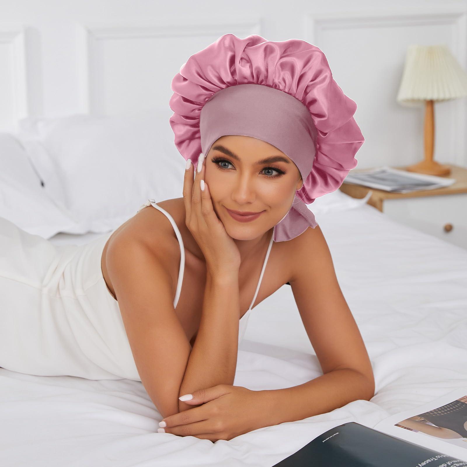 Srevela Satin Silk Bonnet Hair Bonnet for Sleeping Jumbo Sleep Cap, Bonnet for Women Curly Hair, Double Layer Bonnet with Tie Band, Shower Cap