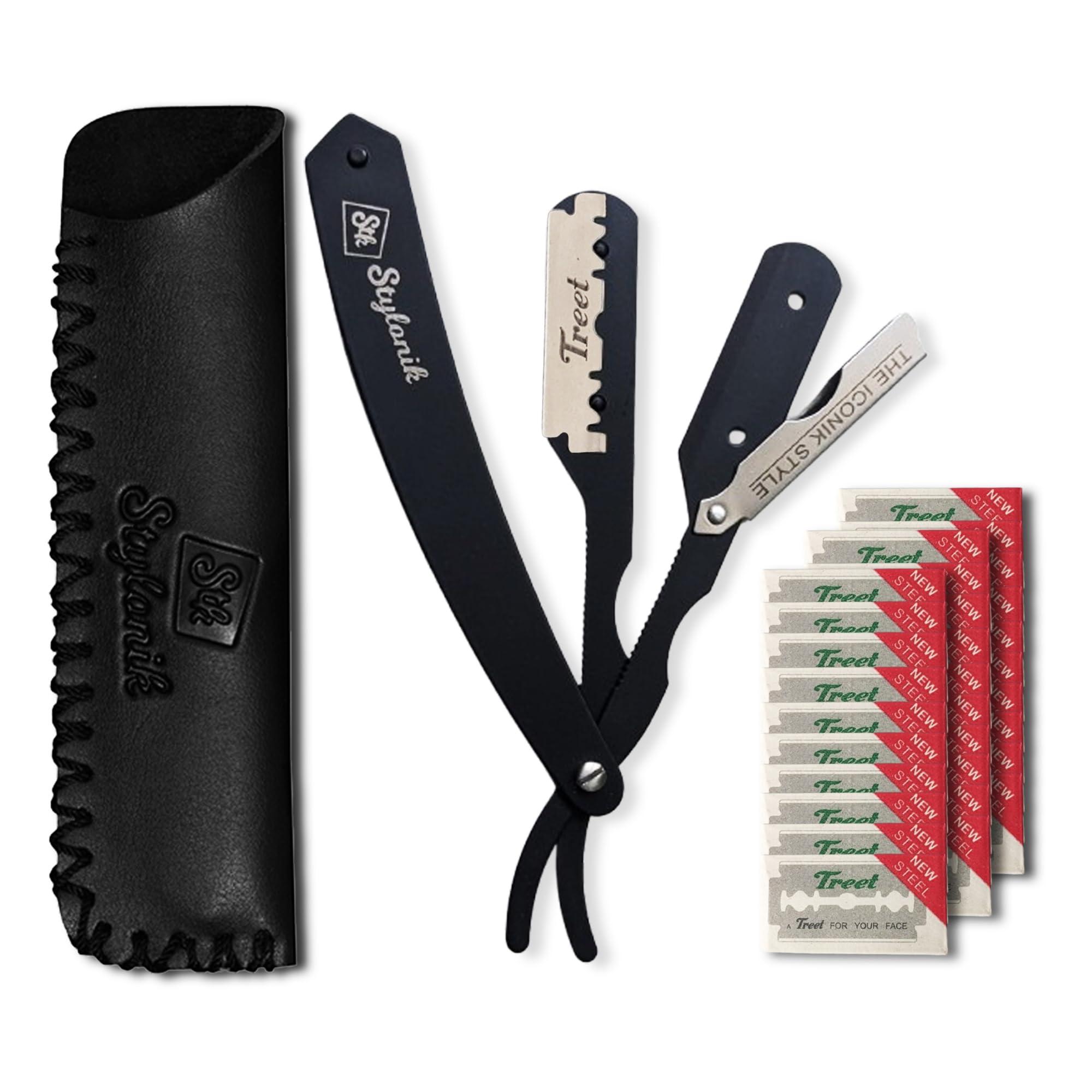 Stylonik Stylonik Professional Straight Edge Barber Razor 60 Single/30 Double-Sided Stainless Steel Blades for Men & Women, with Leather Case (Silver)