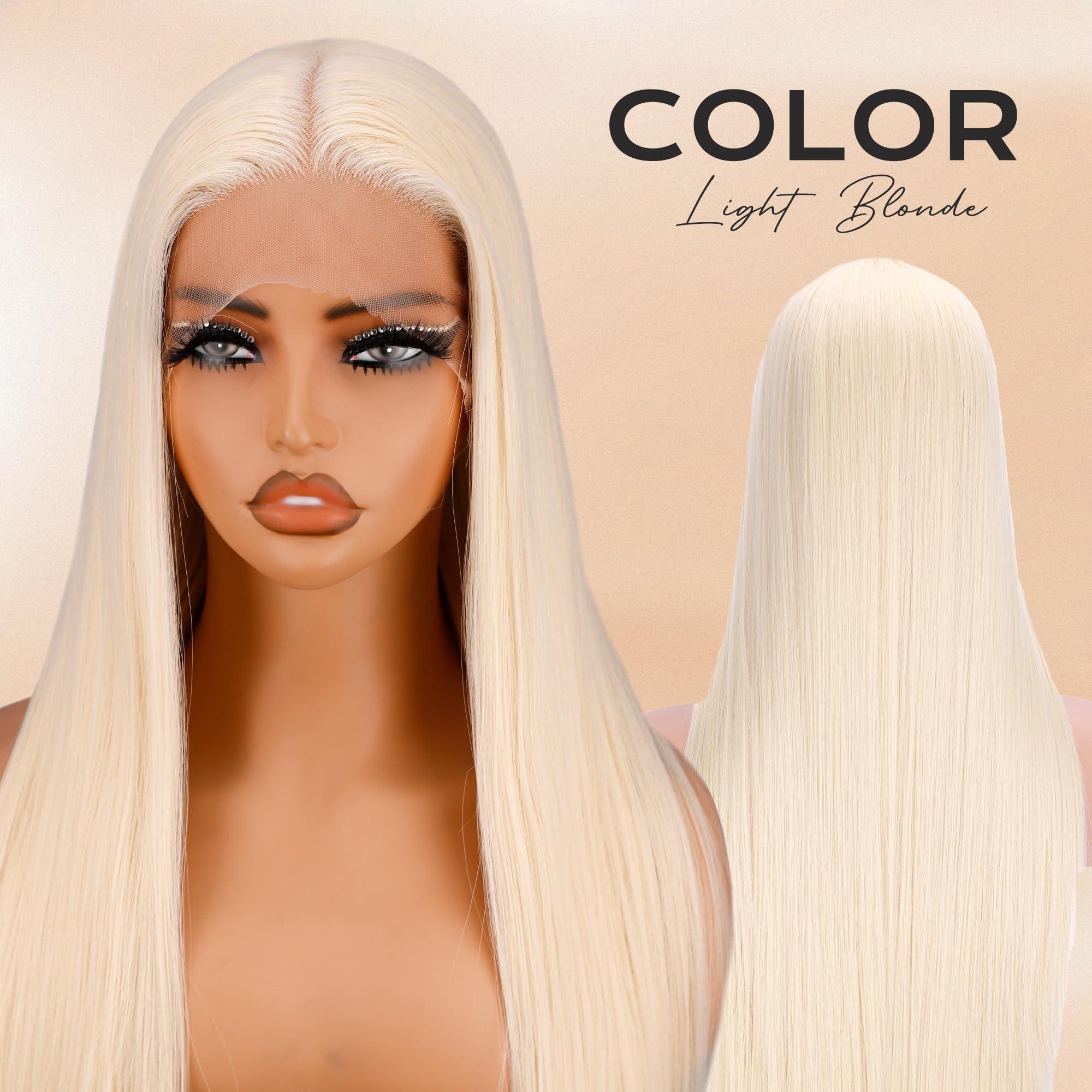 BLL 30 Inch Blonde Lace Wig, Platinum Blonde Lace Front Wigs White Synthetic Silk Straight Pelucas Natural Hairline 613 Wig (Light Blonde 613, 30 Inch)