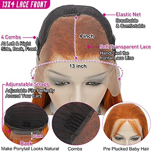 Hermosa Hermosa 13x4 Ginger Orange Straight Lace Front Wigs Human Hair Pre Plucked 180 Density Glueless HD Transparent Lace Frontal Human Hair Wigs for Women 28 inch