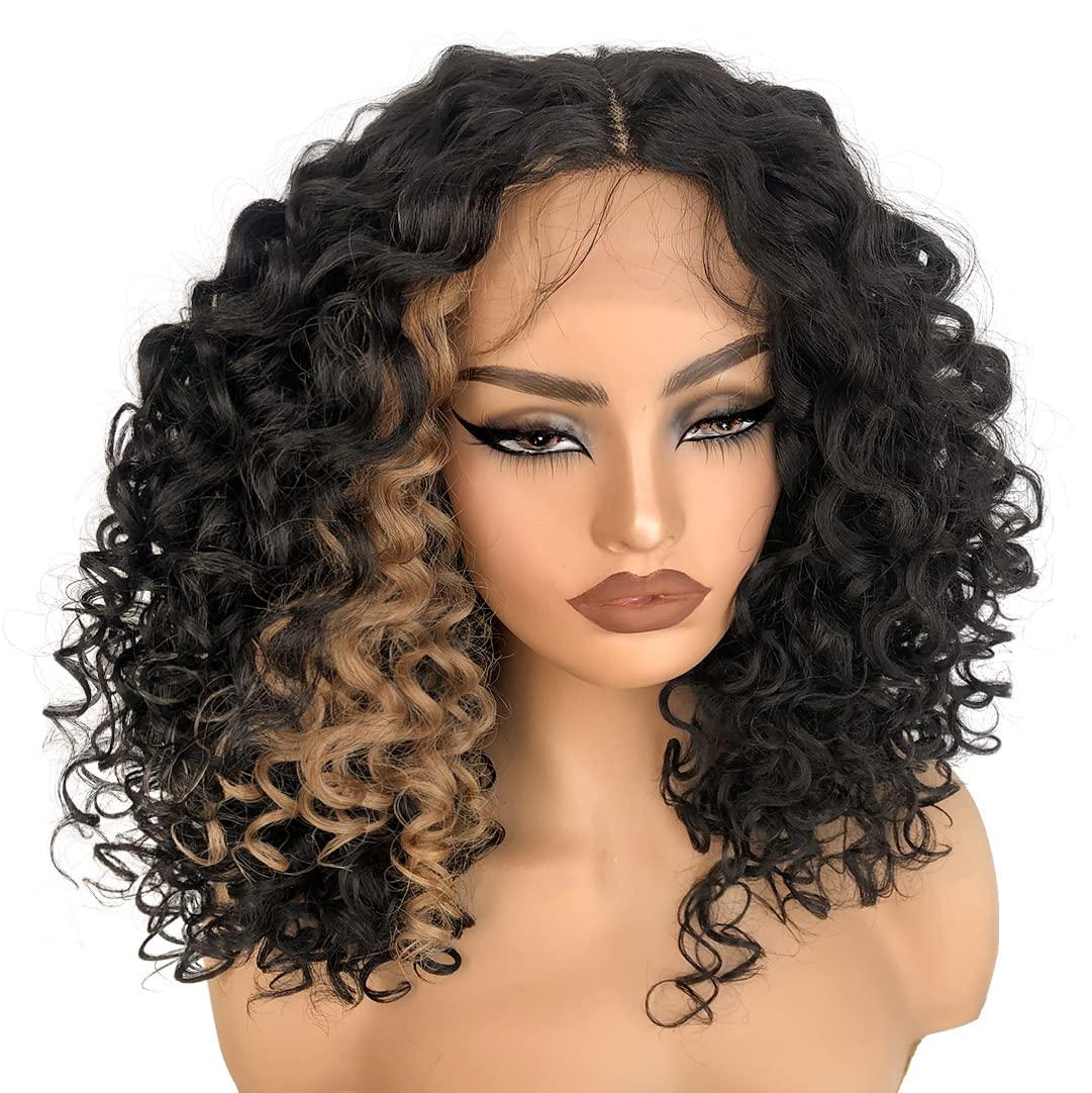 MITIMES MITIMES 16inch Blonde Skunk Stripe Curly Lace Front Wig Synthetic Human Hair Blend Glueless Pre Plucked HD Lace Short Curly Lace Front Wigs for Black Women