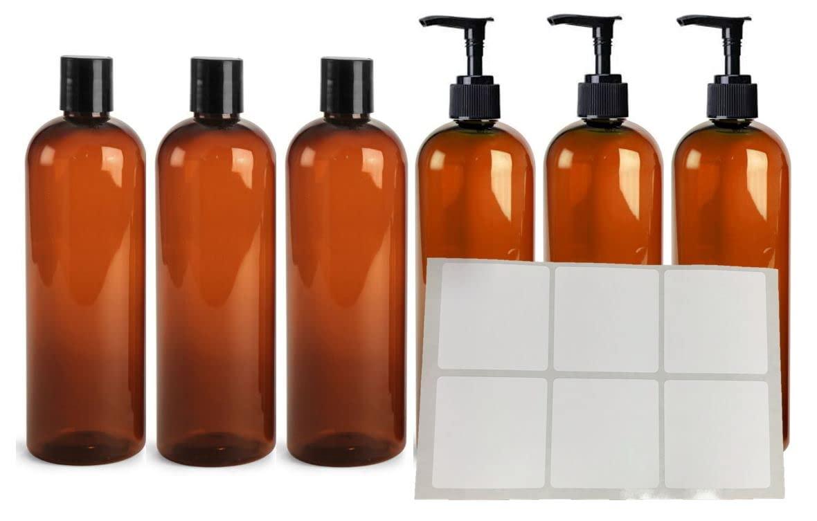 Generic 6 Pack 16 oz (475 ml) Slim Plastic PET Bottles with 3 Black Lotion Pump Dispensers and 3 Black Disc Caps and 6 Waterproof 2.5\" Square Labels | Made in USA | Mountainleaf (Amber Bottle with Label)