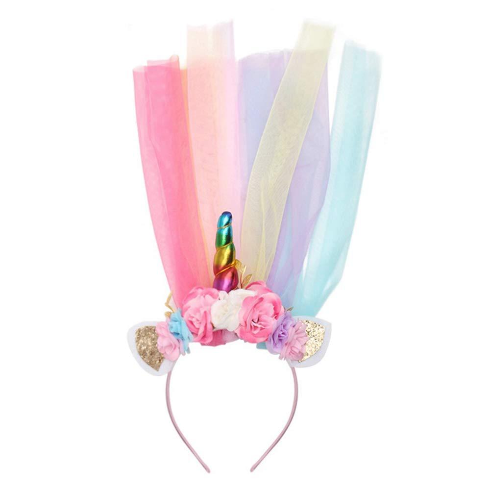 SaditY 2pcs Unicorn Headband with Veil Rainbow Unicorn Hair Hoop Gauze Flower Head Hoop for Girl