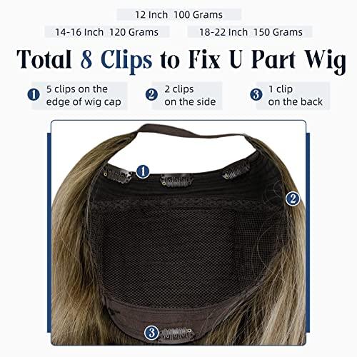 Full Shine Full Shine U Part Human Hair Wigs Half Wig With Clip Ins Middle Part Remy Hair U Part Wigs Ombre Balayage Brown with Blonde Human Hair Wigs 150Grams 20Inch