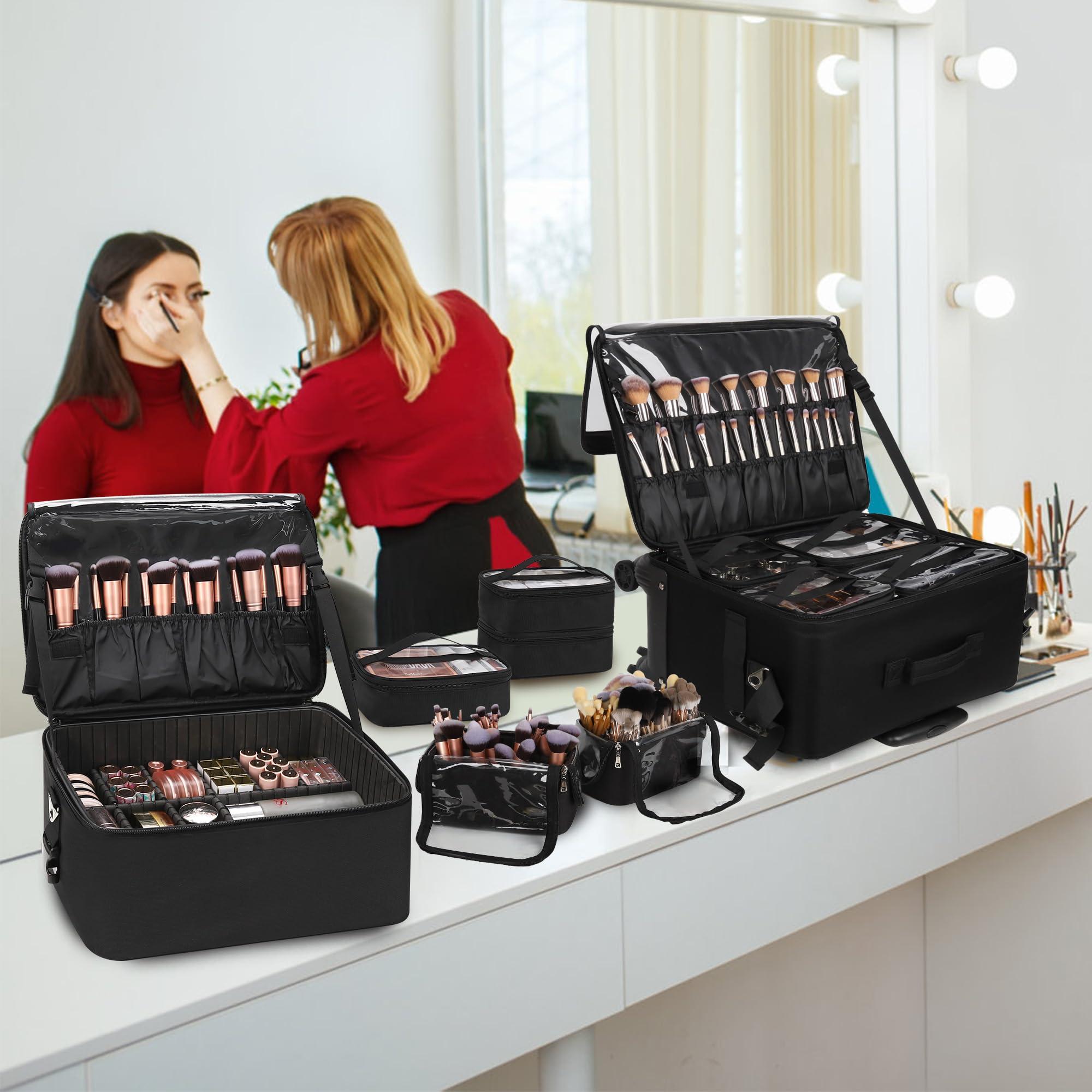 TANTO Rolling Makeup Train Case Professional Makeup Bag Makeup Artist Bag 4 in 1 Extra Large Makeup Bag with 7 Small Bag Makeup Case Trolley Cosmetic Case with Swivel Wheels and Adjustable Dividers