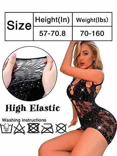 deladola deladola Sexy Fishnet Bodysuit Rhinestone Mesh Dress Hole Strap Stretch Chemise Nightwear Free Size Bodysuit Glitter Crystal Lingerie for Women's (C)