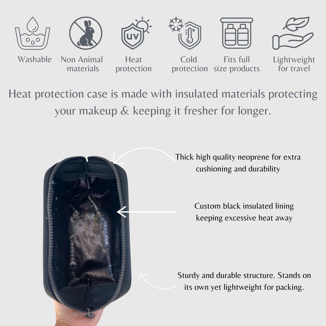 PREEN AND CO HAWAII Small heat-resistant makeup bag, beauty case. Insulated cosmetic bag helps protect makeup from melting, spoiling and expiring quickly. Heat proof makeup bag for car (Case, Black Case)