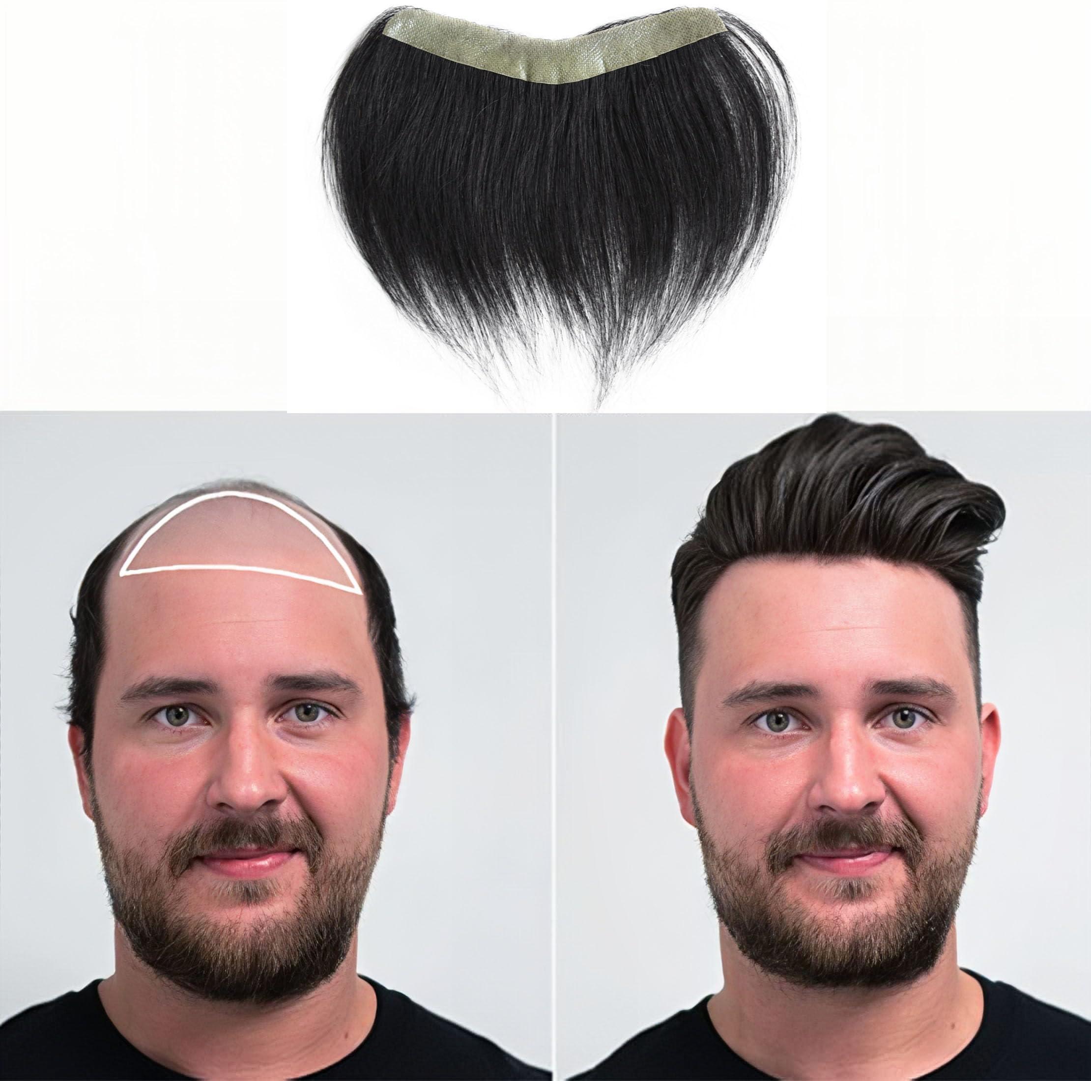 Meiverah Meiverah Frontal Hairpiece for Men Jet Black Hair Extension Hairline Loss Straight Tape in Human Hair Toppers Replacement Toupee (0.78"x6.3", Jet Black)