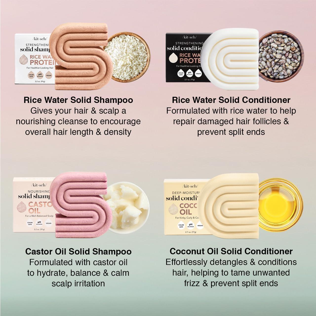 Kitsch Kitsch 4pc Sampler Solid Shampoo and Conditioner Set - Rice Bar & Castor Oil Shampoo and Rice Bar & Coconut Oil Deep-Moisturizing Hair Conditioner, Zero Waste - Valentines Gift