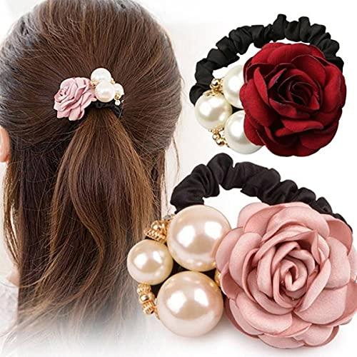 FXBLING FXBLING Fashion Flower Hair Ties Hair Rope Rhinestone Pearl Hair Tie Accessories for Women and Girls, Fashion Ponytail Holders Hair Scrunchies for Thick and Thin Hair, Pack of 4