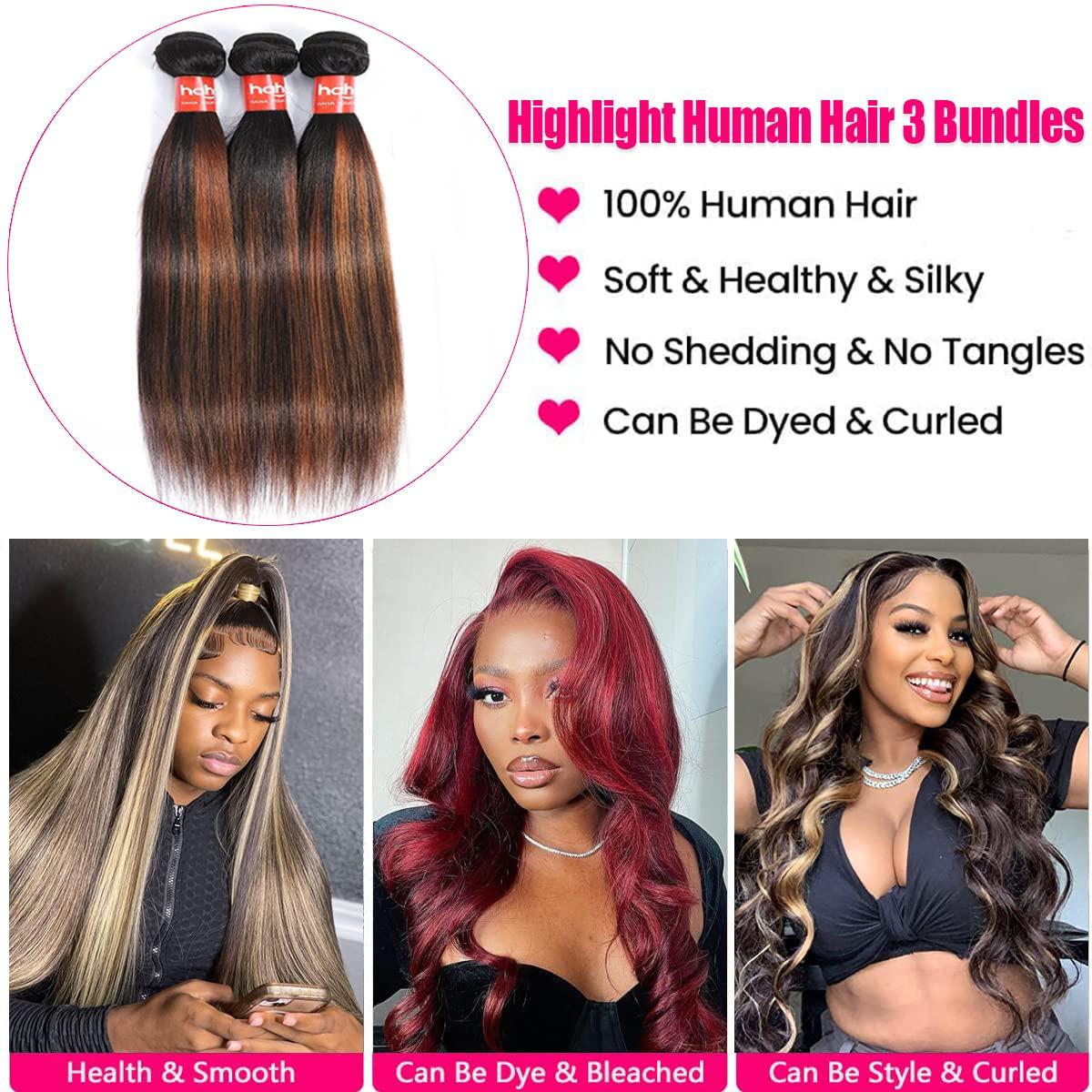 haha Haha Ombre Straight Bundles Human Hair Brown Highlight Human Hair 3 Bundles Brazilian Remy Virgin Hair Sew In Bundles For Women Black Brown Piano Color Hair Weave Extensions 16 18 20 Inch FB30