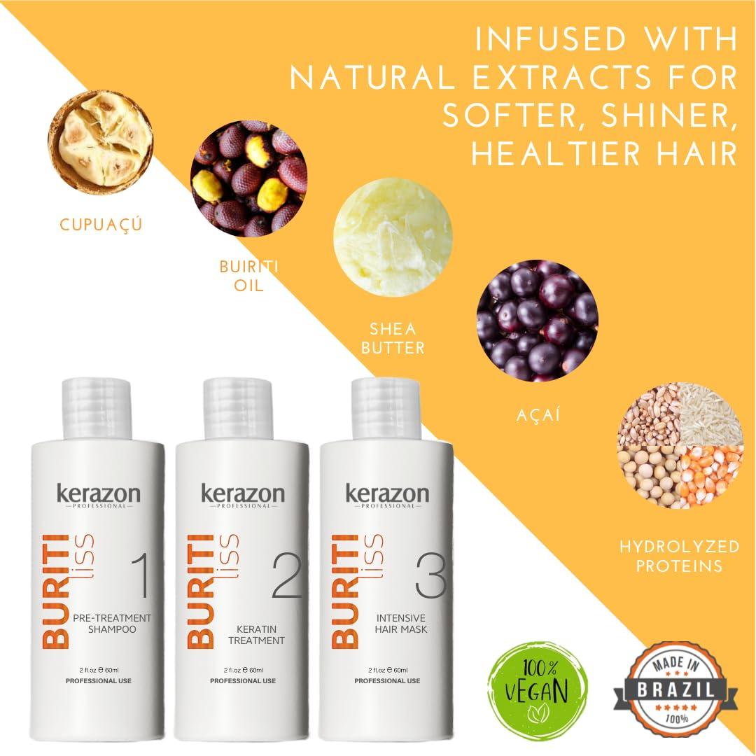 Kerazon Professional Kerazon Buriti Liss Keratin Treatment KIT - Tratamiento de Keratina Queratina Brasilea para Alisar Importada + Sulfate Free and Sodium Free Shampoo & Conditioner KIT