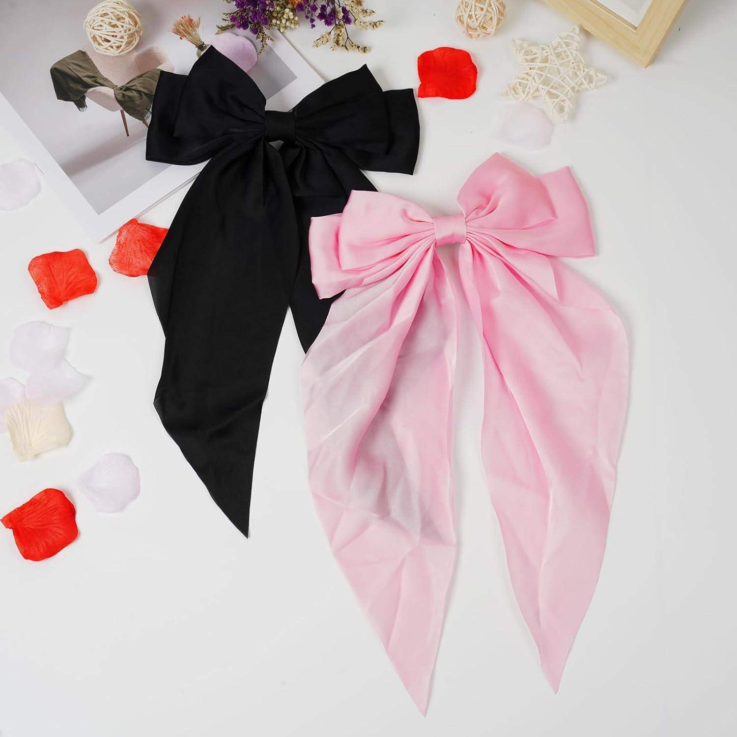 ROTATE COLOR Hair Bows, Hair Bows For Women Girls, Big Silky Satin Hair Bow Clips Oversized Long Tail, Aesthetic Cute Hair Accessories, Metal Bow Hair Clips (black+pink)