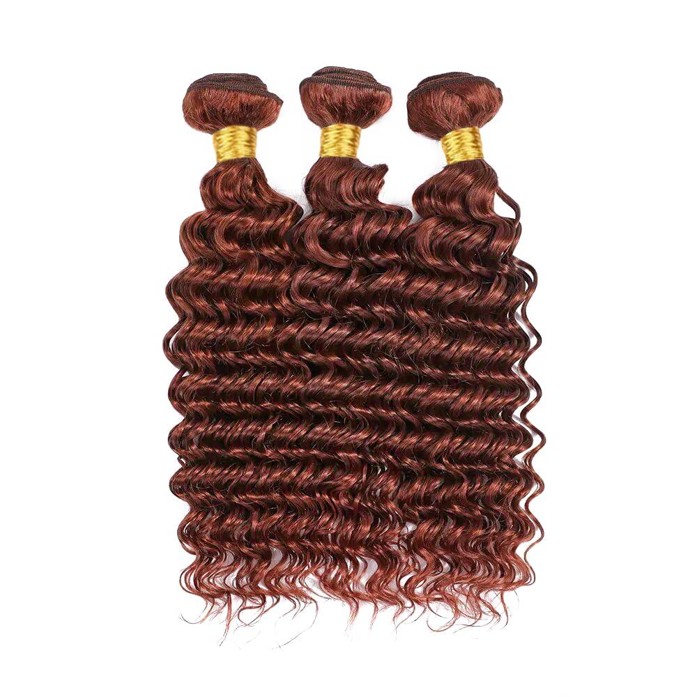 Fridnae Copper Red Bundles Color #33 Deep Wave Human Hair Bundles Reddish Brown Bundles Human Hair 3 Bundles 10 12 14 Inch Auburn Deep Curly Bundles Hair Weave