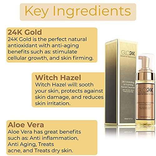 GLO24K UNLEASH THE POWER OF GOLD GLO24K Exfoliating & Foaming Facial Cleanser with 24k Gold, Witch Hazel, and Aloe Vera