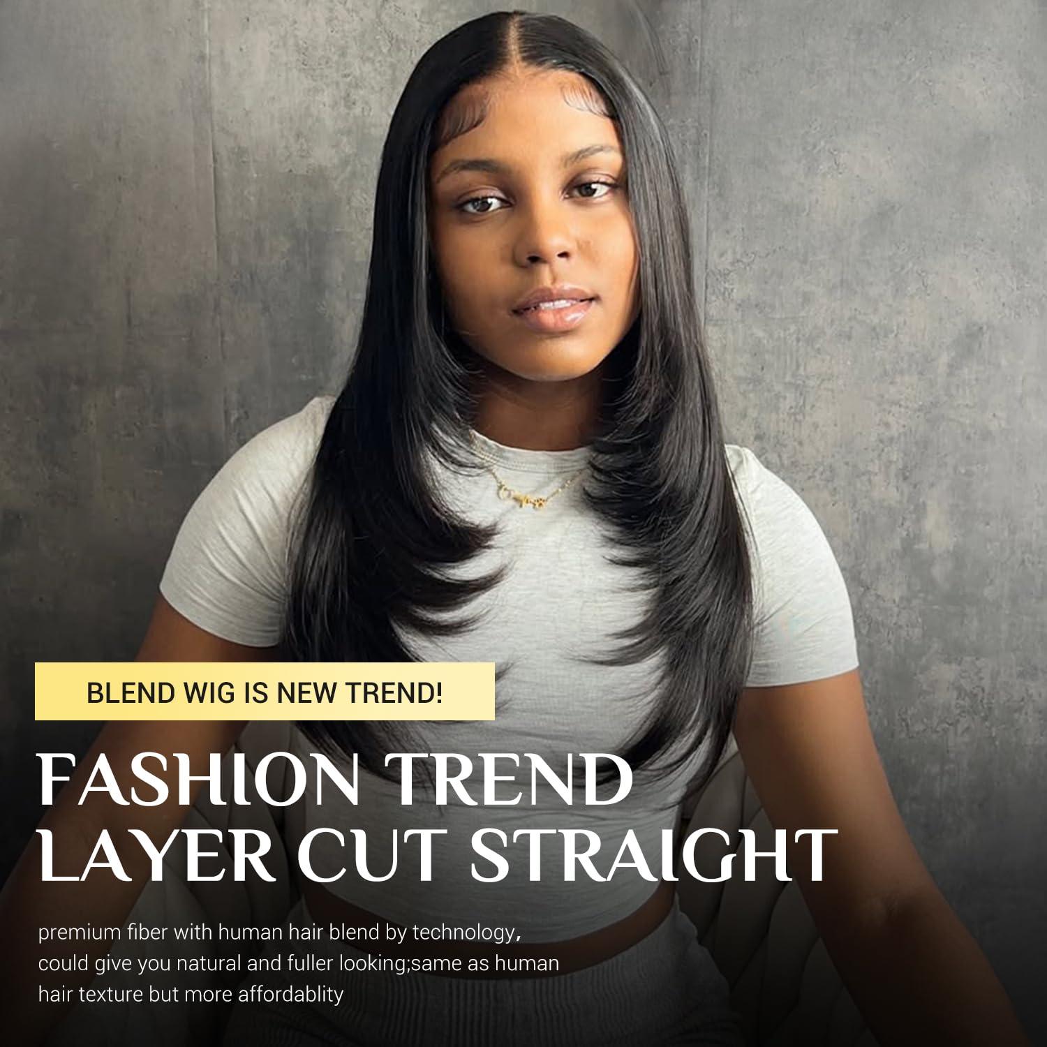 TESLAL TESLAL Blend Wigs Human Hair Glueless Wear and Go Glueless Wigs Human Hair Pre Plucked Pre Cut Layered Wig Straight 6X6 Synthetic and Human Hair Blend Wig 22Inch Black Color 260% Density