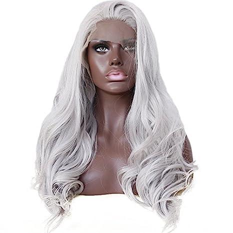 Ebingoo Ebingoo 26 Inch Silver Gray Lace Front Wig+Wig Cap Wavy Silver Wig for Women Curly Lace Front Wig Silver Princess Wig for Halloween Cosplay Women Daily Wear