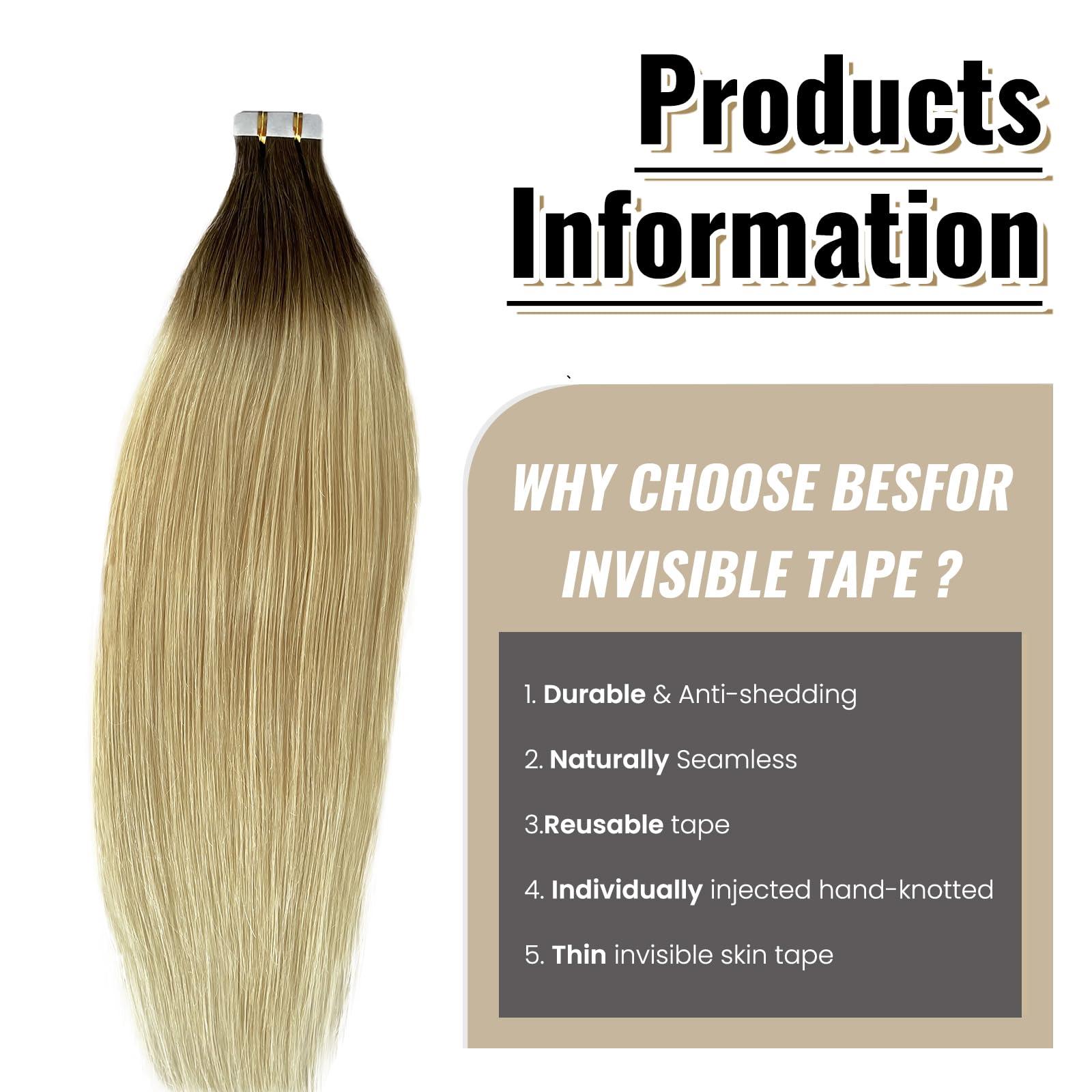 Munx Tape Ins Human Hair Extensions 22inch Omber Flax Brown to Platinum Blonde Silky Straight Brazilian Double Sided Tape in Extensions Human Hair Tape in Extensions