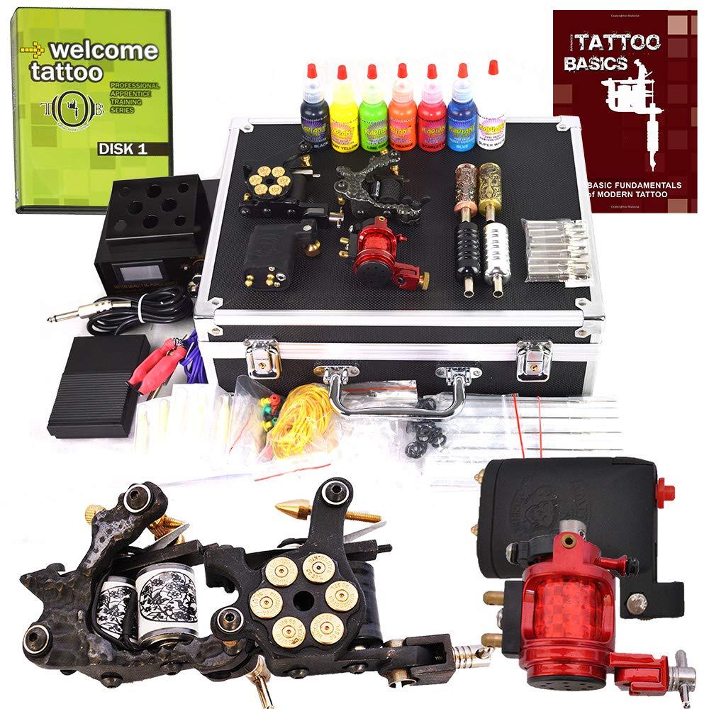 Pirate Face Tattoo Carver Tattoo Kit 4 Machine Guns Power Supplies / 2 Rotary Machines / 2 Coil Machines / 7 Ink/LCD Power Supply / 50 Needles/Plus Accessories