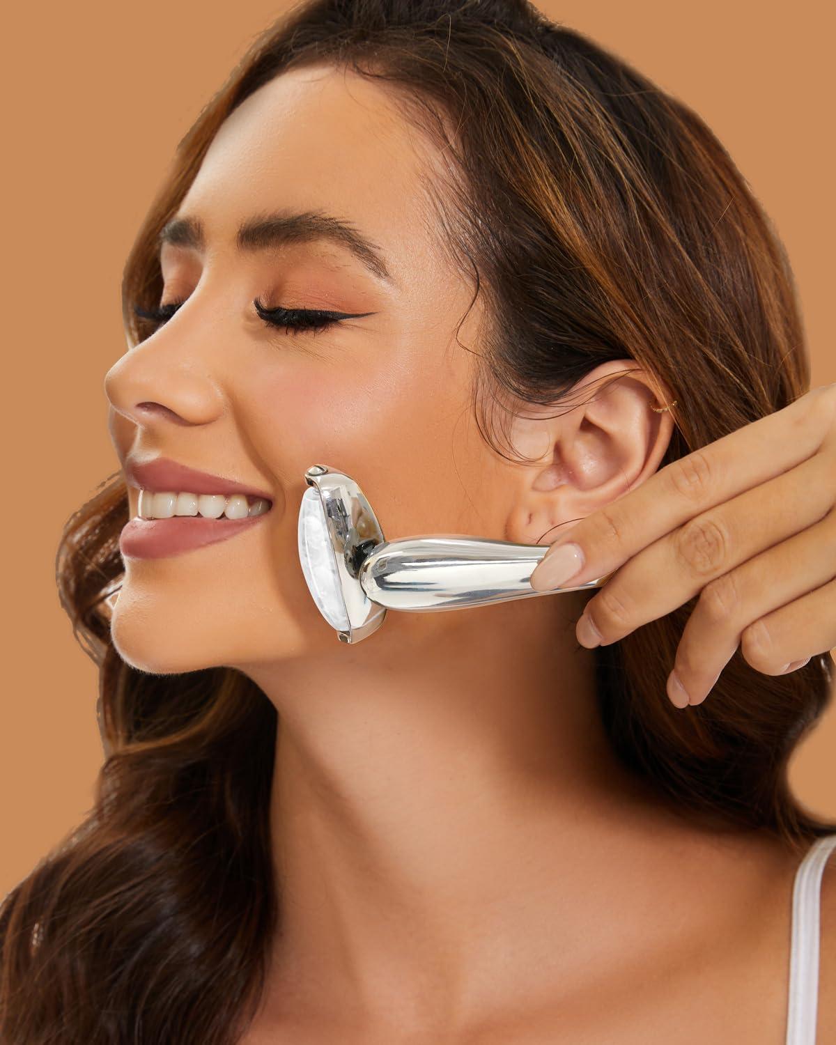 ROMALOVE Jade Facial Roller, Real Jade Face Roller Massager with 3 Interchangeable Heads for Women Routine Skin Care, Reduce Puffiness Wrinkling Rejuvenate Skin (White Jade + Silver Handle)