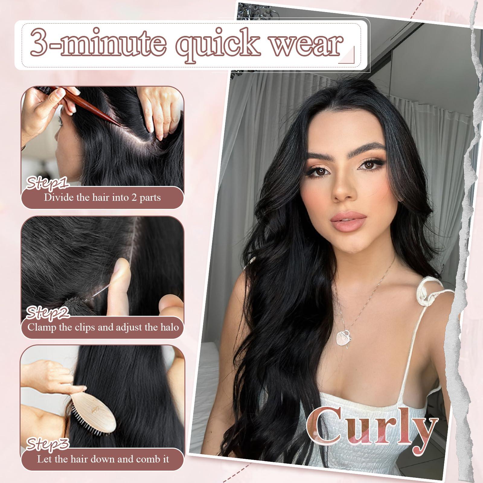 SEGO Pro SEGO Pro Halo Hair Extensions Real Human Hair Adjustable Halo Extensions Invisible Wire Hair Extensions Long Straight Hair Halo Extensions for Women,16inch Golden Brown mixed Bleach Blonde,65g