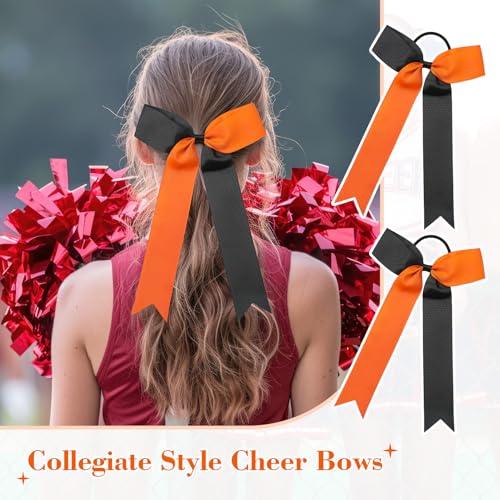 DEEKA DEEKA 16 PCS Collegiate Style Ponytail Holders - Long Tail Skinny Handmade Bows for Girls, Teens, Softball, Cheerleaders - Orange/Black