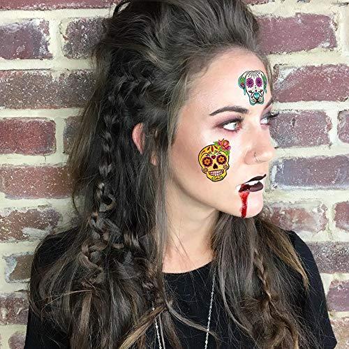 Konsait Day of the Dead Sugar Skull Tattoos(100Counts),Konsait Halloween Temporary Face Tattoos Sugar Skull Puppy Black Skeleton Web Red Roses Tattoo for kids Boys Girls Mexican Halloween Party Favor Supplies