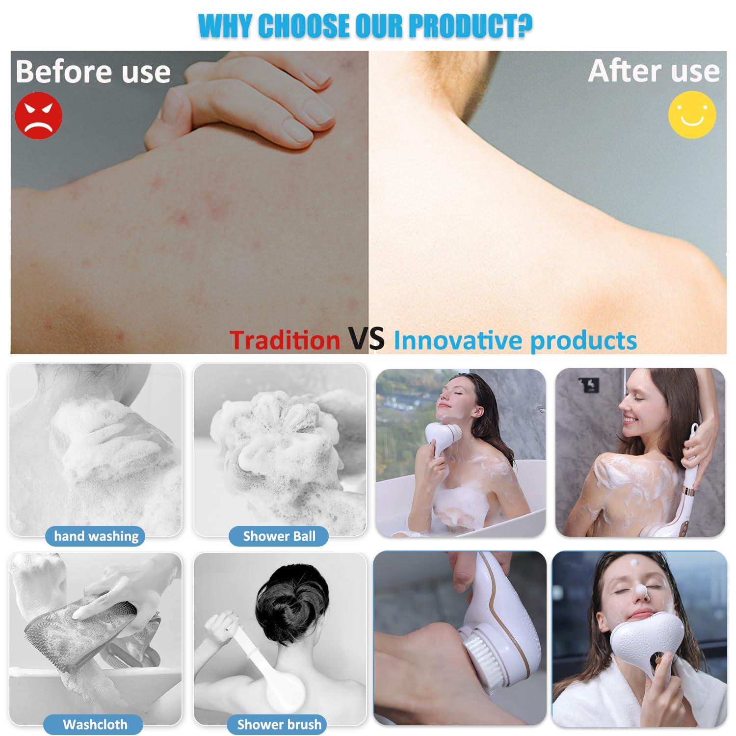 PeaMirmy Electric Body Brush,5 Attachments Brush Heads Electric SPA Brush Spin Scrubber for Shower Bathing Cleansing Wash Deep Cleaning with Silicone Rechargeable IPX7 Waterproof