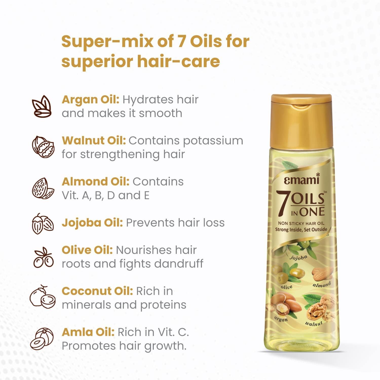 india 7 Oils In One Non Sticky and Non Greasy Hair Oil, Free of Sulphates, Parabens and Chemicals with Goodness of Almond Oil, Coconut Oil, Argan Oil and Amla Oil - 200ml