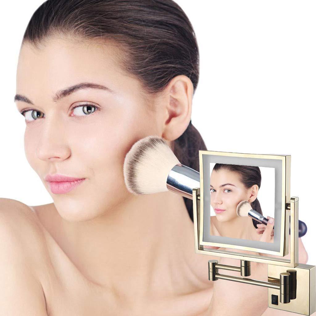 GANGEV GANGEV 8 Inch Bathroom Shaving Mirror Wall Mounted Square Vanity Mirror Gold Swivel 3X Magnification Two-Sided, with Plug