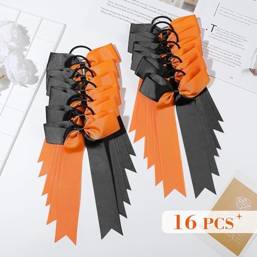 DEEKA DEEKA 16 PCS Collegiate Style Ponytail Holders - Long Tail Skinny Handmade Bows for Girls, Teens, Softball, Cheerleaders - Orange/Black