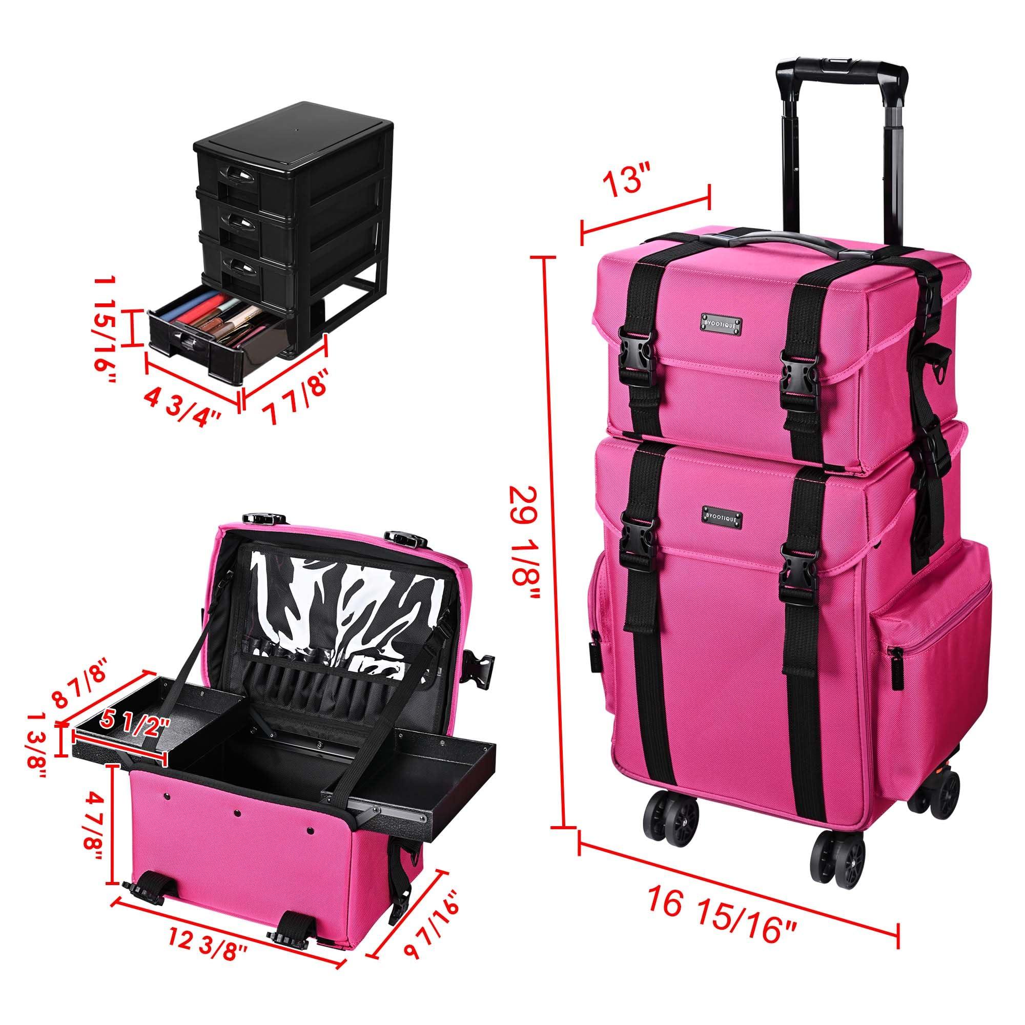 BYOOTIQUE BYOOTIQUE 2 in1 Soft Sided Rolling Makeup Case Unseasonable Bright Cosmetic Train Case with Wheels and Removable Organizer, Deep Pink