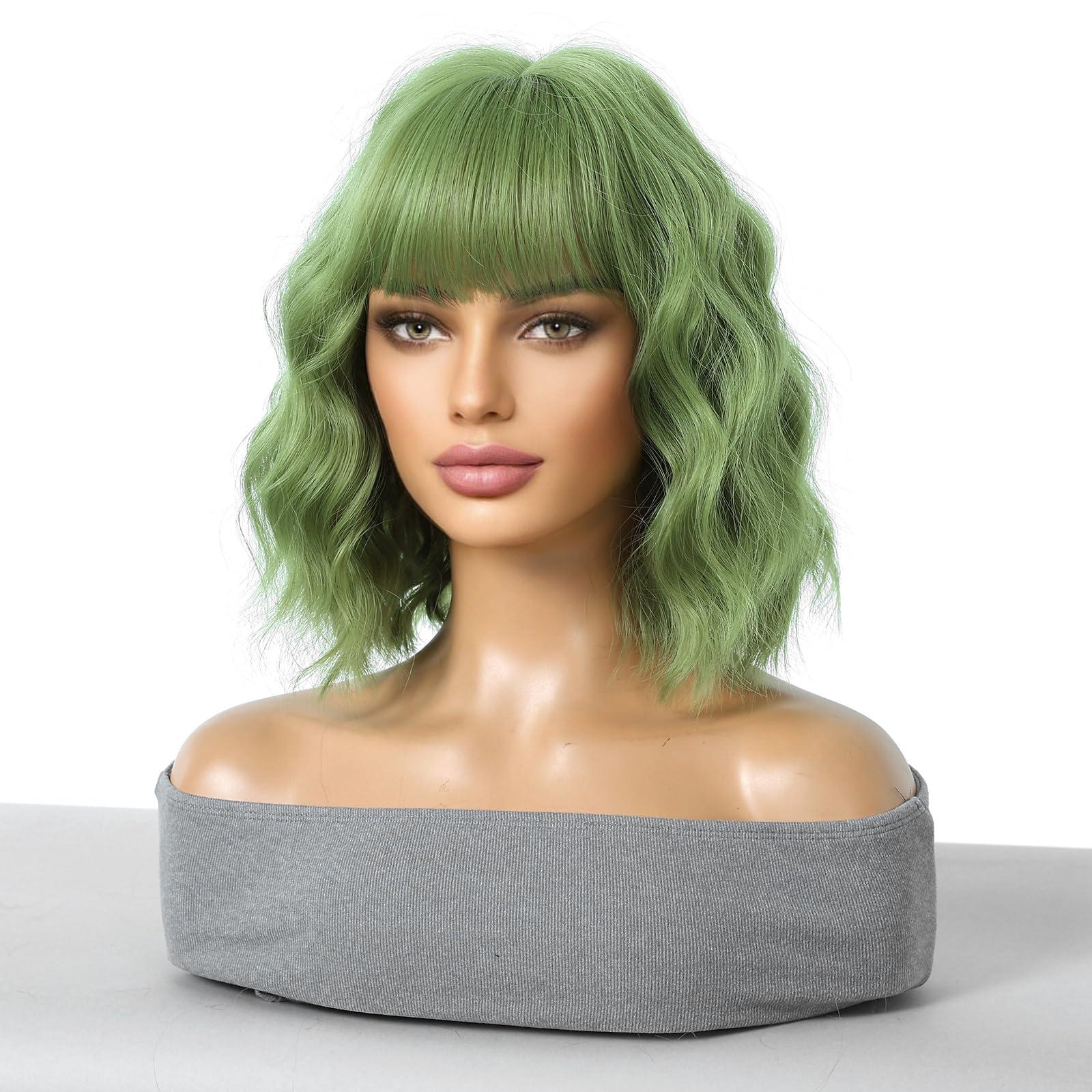 incohair incohair Green Wigs matcha green Wig with Bangs Women Girls Short Curly Wavy Bob Wig Shoulder Synthetic Party Wigs Wig Cap Included (matcha green)