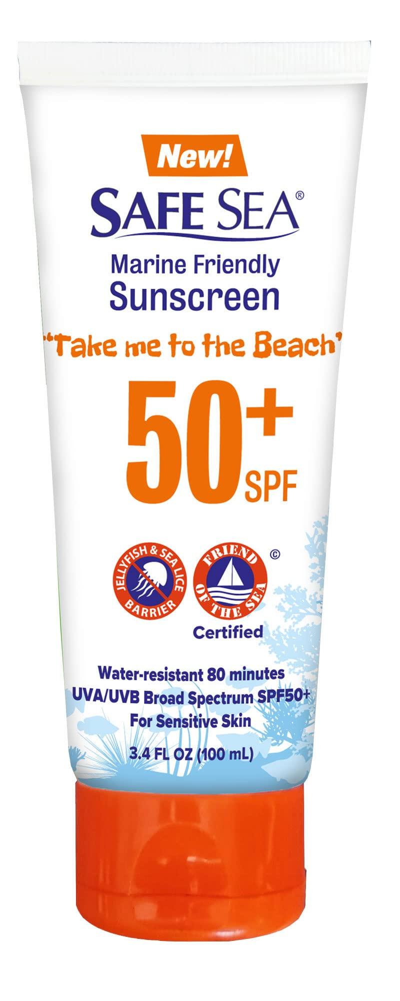 SAFE SEA SAFE SEA Jellyfish Sting-Blocking Sunscreen, SPF 50+ travel Size Lotion, Waterproof, Biodegradable, Coral Reef-Safe – Body and Face Sunscreen, Anti-Jellyfish and Sea-Lice sting protection (Tube 3.4 oz