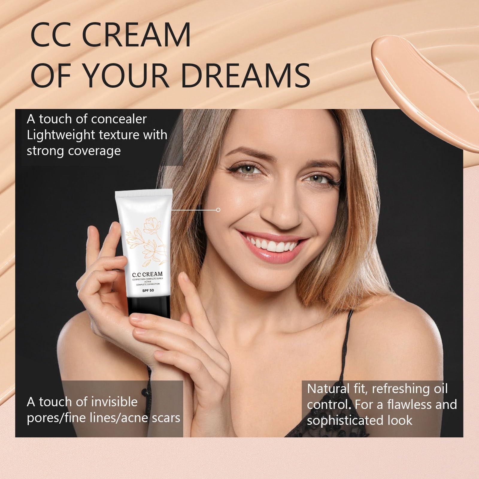 Korean Cc Cream Korean Cc Cream Self Adjusting for Mature Skin, Cc Cream Tinted Moisturizer with Spf 50 Full Coverage, Organic Cc Cream Sunscreen Foundation and Concealer for Face and Body Color Correcting (2PCS)