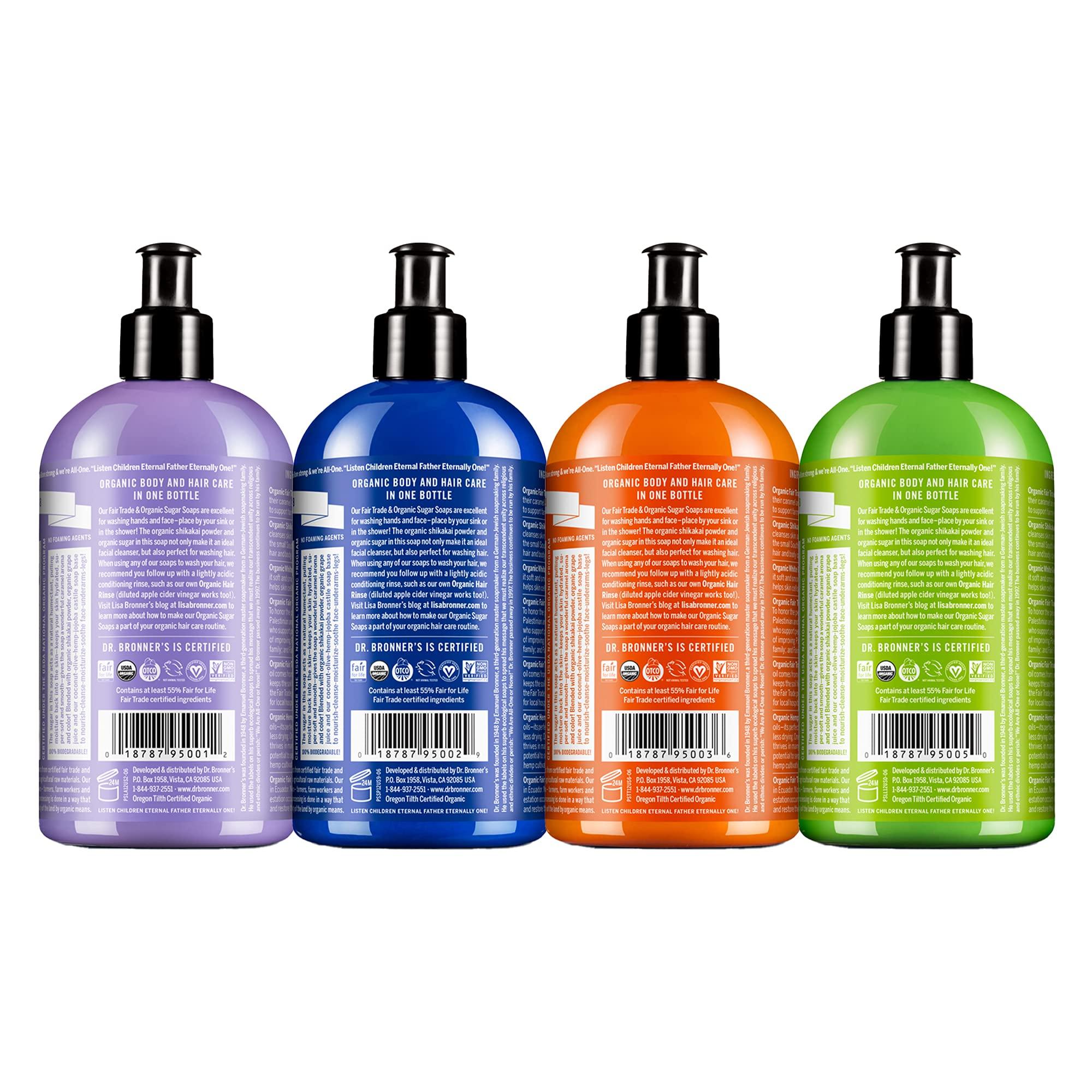 Dr. Bronner's Dr. Bronner\'s - Organic Sugar Soap (12 oz Variety Pack) Lavender, Peppermint, Tea Tree, & Lemongrass - Made with Organic Oils, Sugar & Shikakai Powder, 4-in-1 Use: Hands, Body, Face & Hair | 4 Count